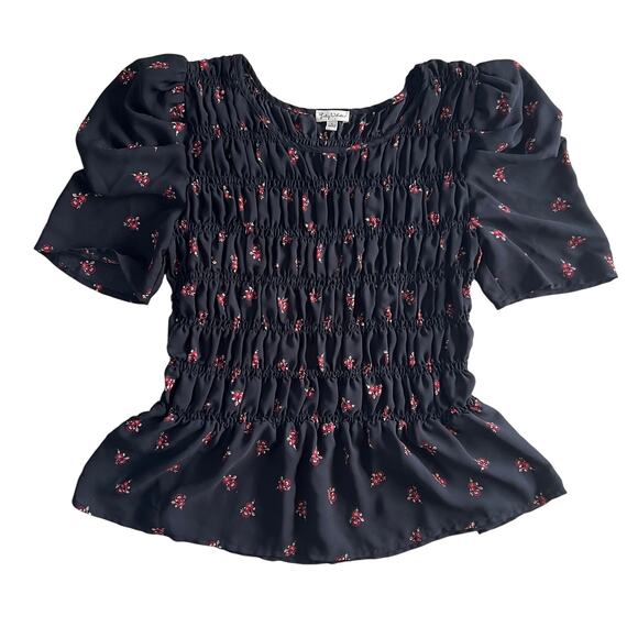 Lily White Black Floral Smocked Peplum Blouse Women’s Size L Puff Sleeve - Picture 1 of 7